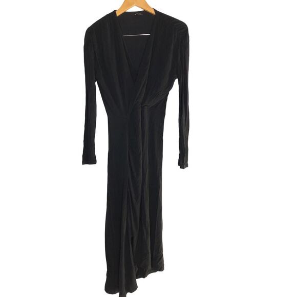 Atlein Dress Long Sleeve Side Ruched Asymmetrical Hem Midi Faux Wrap Black Large - Picture 3 of 8